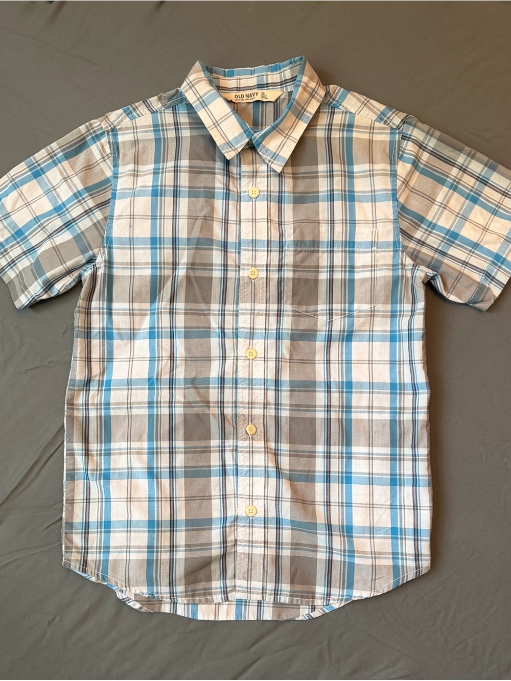 Old Navy Boys Blue, Gray & White Plaid Short-Sleeve Button-Down Shirt